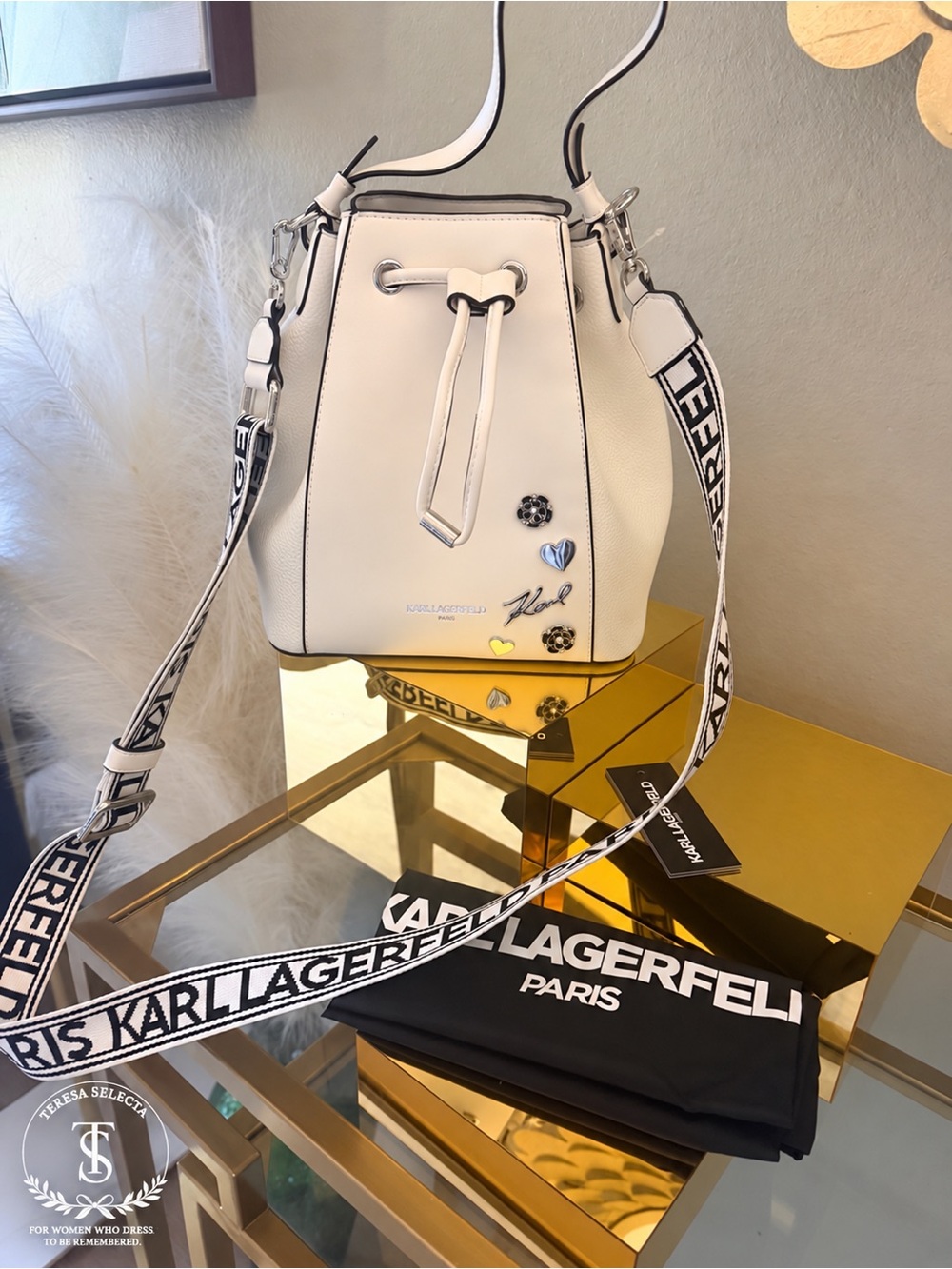 NWOT Karl Lagerfeld Adele White Bucket Bag Logo Strap Charms